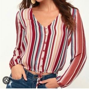 Jack by BB Dakota XS Silky Cropped Multicolor V Neck Blouse with Buttons and Tie